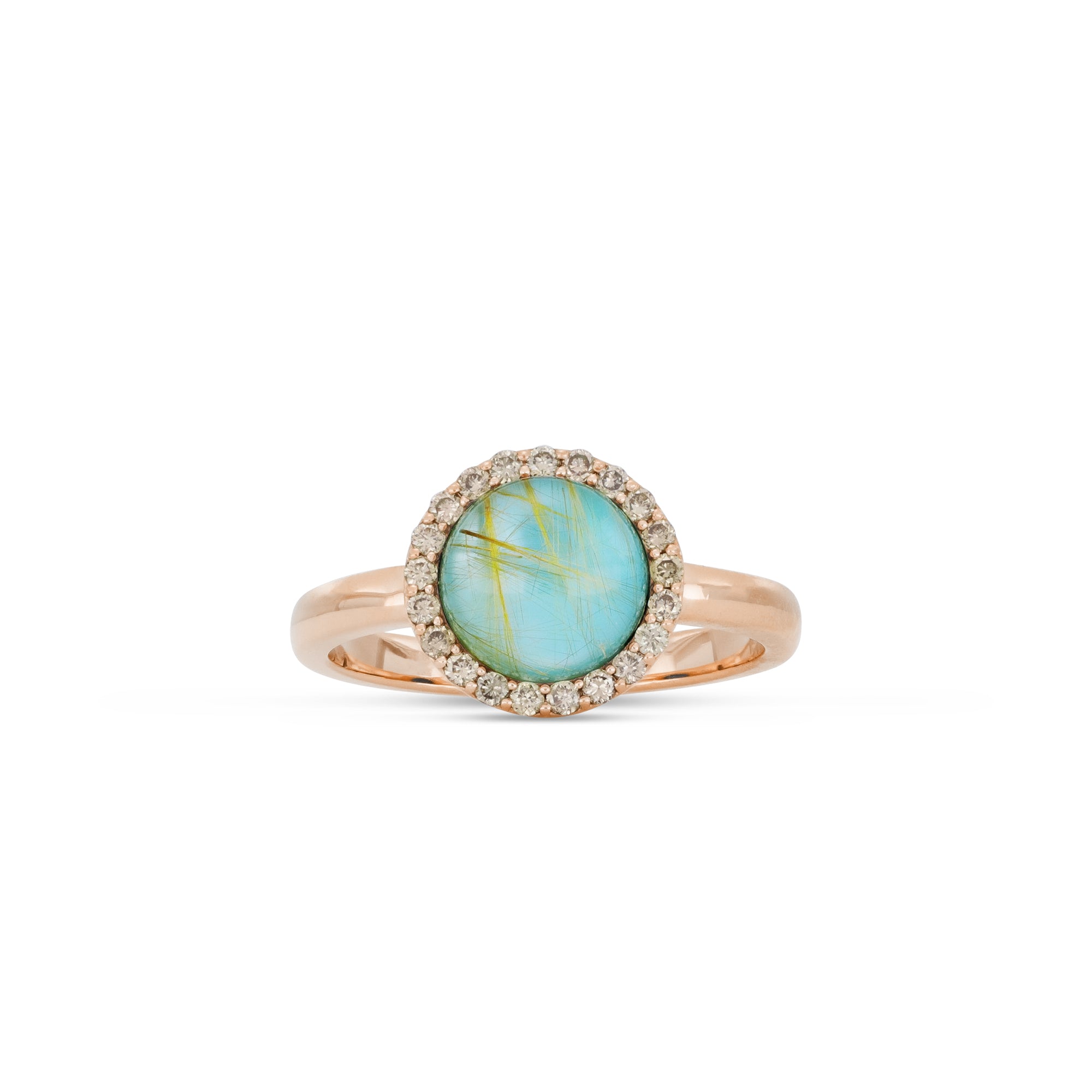 COCKTAIL RING WITH BROWN DIAMONDS, MOTHER OF PEARL RUTILE QUARTZ AND BLUE AGATE