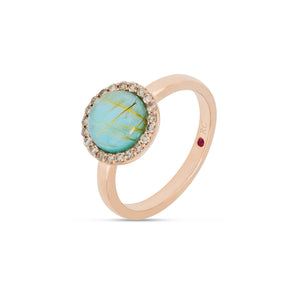 COCKTAIL RING WITH BROWN DIAMONDS, MOTHER OF PEARL RUTILE QUARTZ AND BLUE AGATE