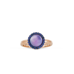 COCKTAIL RING WITH SAPPHIRES, MOTHER OF PEARL AMETHYST AND LAPIS PASTE